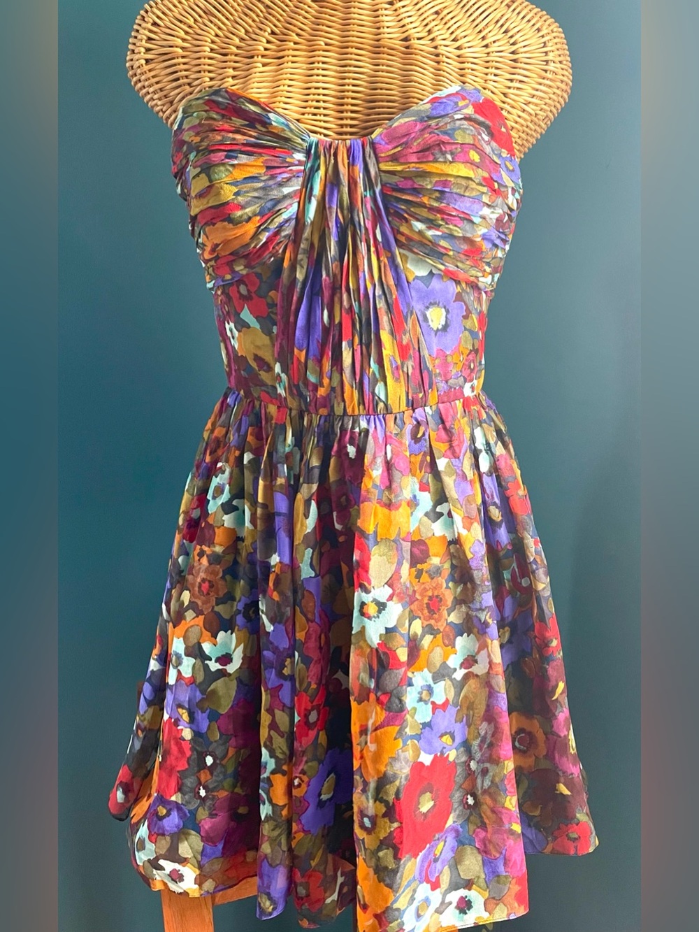 Jill Stuart Silk Chiffon Strapless Mini Dress Pleated Jewel Tone Colors Size 6